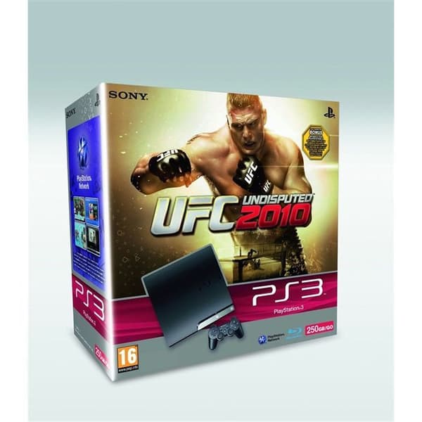 PS3 Slim 250 GB-konsol + UFC UNDISPUTED 2010 + Dualshock 3-kontroller - Sony - Svart - Pack- USED