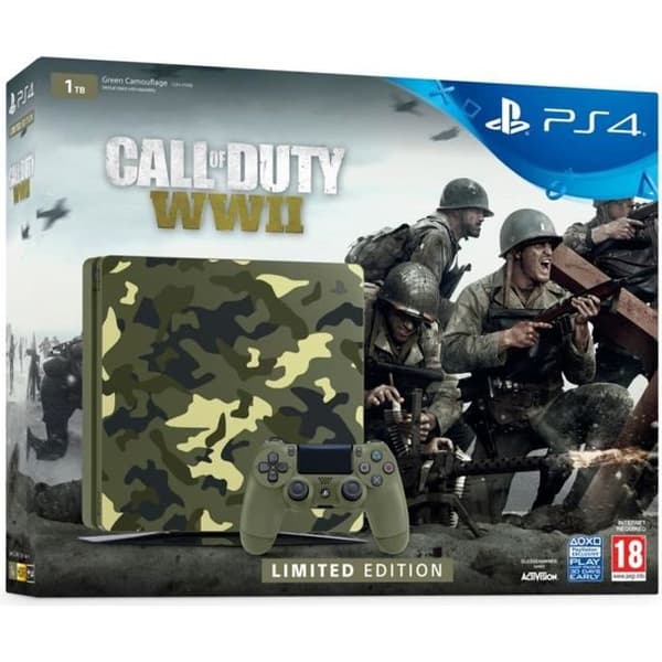 Console PS4 Slim 1TB Limited Edition Camo Design + Call of Duty WWII + Vem är du? (Ladda ner) - Officiell PlayStation- USED