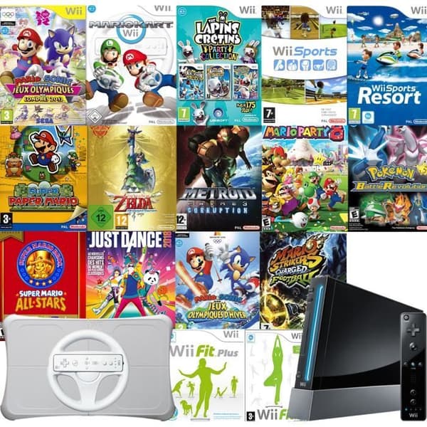 Svart Wii-konsol + 16 SPEL + Wii Fit-skala + ratt- USED