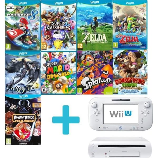 Vit Nintendo Wii U-konsol + enormt paket med 9 spel - 2021 års version- USED