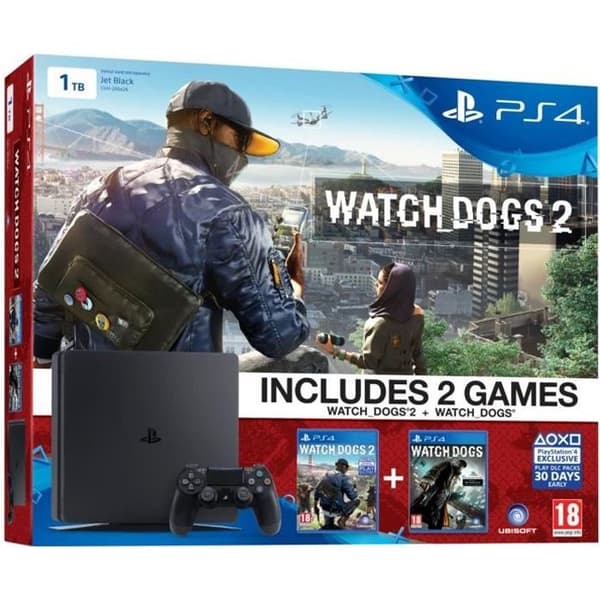 PS4 Slim Console 1 TB Svart - Sony - Bundle Watch Dogs 2 + Watch Dogs (kupong) - 1000 GB- USED