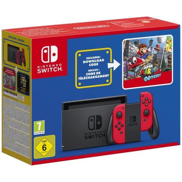 Nintendo Switch-konsol • Red Limited Edition + Super Mario Odyssey (kod) + Super Mario Bros.-klistermärken. Filmen- USED