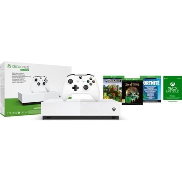 Xbox One S All Digital + 3 dematerialiserade spel: Fortnite, Sea of Thieves och Minecraft + Xbox Live Gold Prenumeration 1 månad- USED