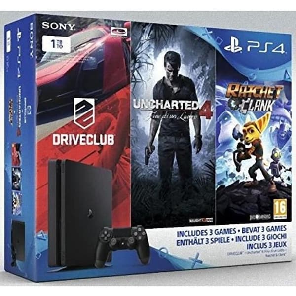 Hemkonsol - Sony - PS4 Slim 1TB - Paket med DriveClub, UNCHARTED 4 och Ratchet &amp; Clank- USED