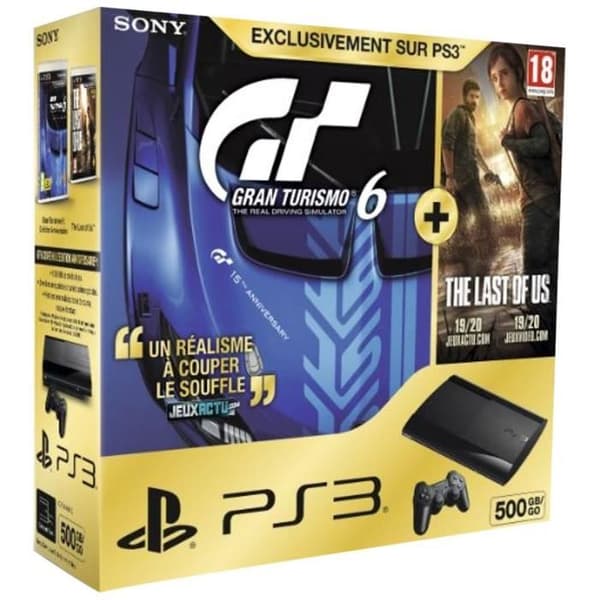 PS3 Ultratunn konsol 500 GB svart - Sony - Gran Turismo 6 - The Last of Us- USED