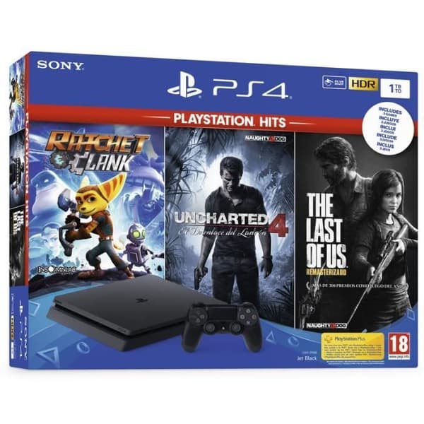 Sony PlayStation 4 Slim 1TB svart+ Playstation Hits Pack- USED
