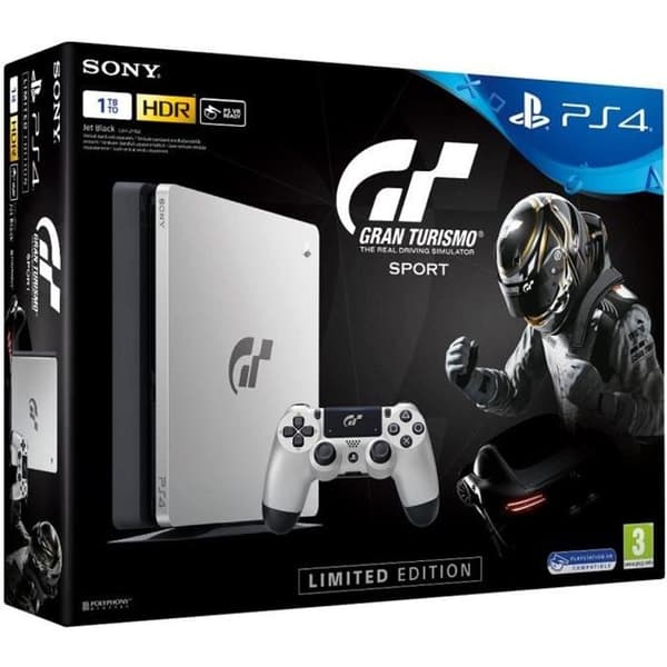 Console PS4 Slim 1TB Limited Edition Silver Design + Gran Turismo Sport + Vem är du? (Ladda ner) - Officiell PlayStation- USED