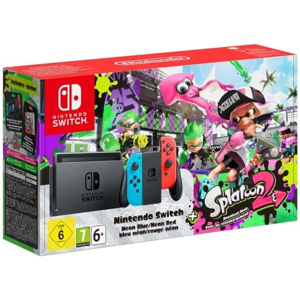 Nintendo Switch-konsol • Neon Blue &amp; Neon Red + Splatoon 2 (kod)- USED