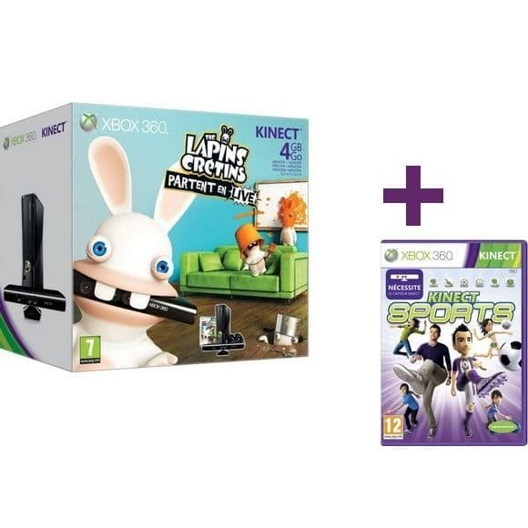 XBOX 360 4GB KINECT RABBIDS + KINECT SPORTS- USED
