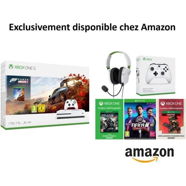 Xbox One S 1000 GB-konsol - Microsoft - Pack Forza Horizon 4, FIFA 19, Gears Of War 4, Ape - Vit- USED