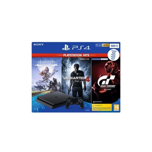 PS4 SLIM-konsol - 500 GB Black Hits Pack GT/HZD/UC4 Playstation 4-spel- USED