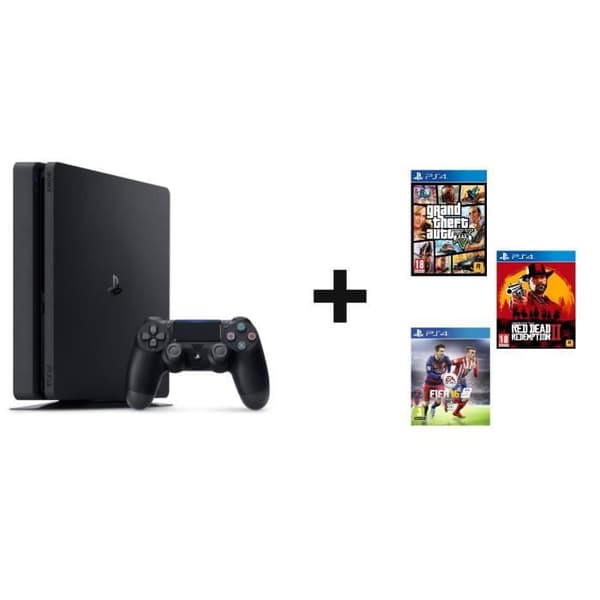 PS4 slim konsol 1TB svart + GTA 5 + Red dead redemption II + Fifa 16- USED