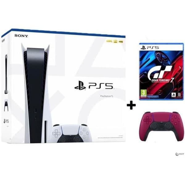 Konsol salong - Sony - PS5 - Paket Playstation 5 + Röd Ps5 Kontroller + Gran Turismo 7 ps5 - Röd - 825 Go- USED