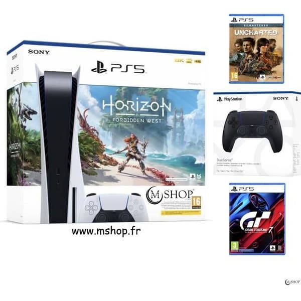 PlayStation 5 Console Pack - Horizon Forbidden West + Black DualSense Controller + GT7 PS5 + Uncharted PS5- USED