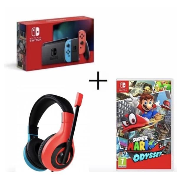 PACK KONSOLSWITCH + MARIO ODYSSEE + BLÅRÖD SPELHJÄLM- USED