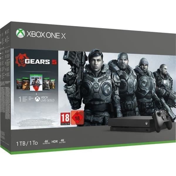Xbox One X 1TB + 5 Gears of War-spel + 1 månads Xbox Live Gold testversion + 1 månads Xbox Game Pass testversion- USED