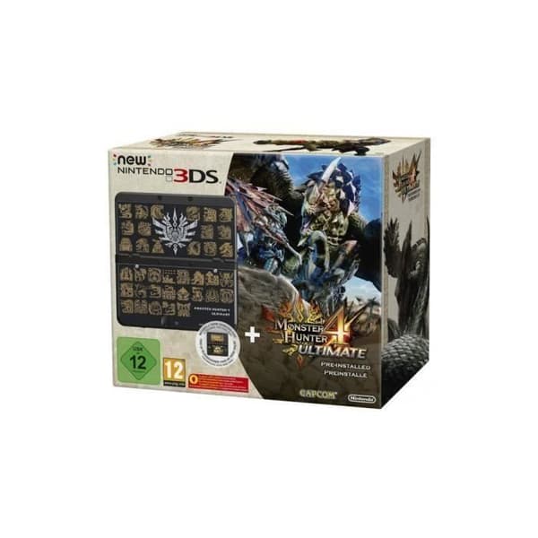 Ny Nintendo 3DS-konsol - svart + Monster Hunter-skal till New Nintendo 3DS + Monster Hunter 4 - Ultimate förinstallerad- USED