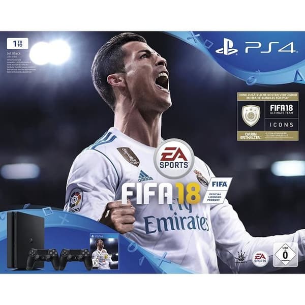 Sony PlayStation 4 Slim-konsol (1 TB) + FIFA 18 + 2 DualShock-kontroller - Svart - 1000 GB - Effekt 1,84 TFLOP- USED