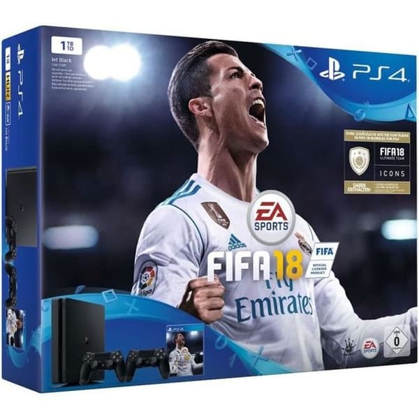 Sony PlayStation 4 Slim-konsol (1 TB) + FIFA 18 + 2 DualShock-kontroller - Svart - 1000 GB - Effekt 1,84 TFLOP- USED