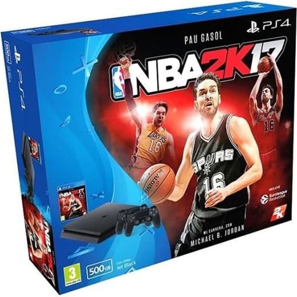 PS4 Slim 500 GB konsol + 2 handkontroller + NBA 2K17 Sony - Svart- USED