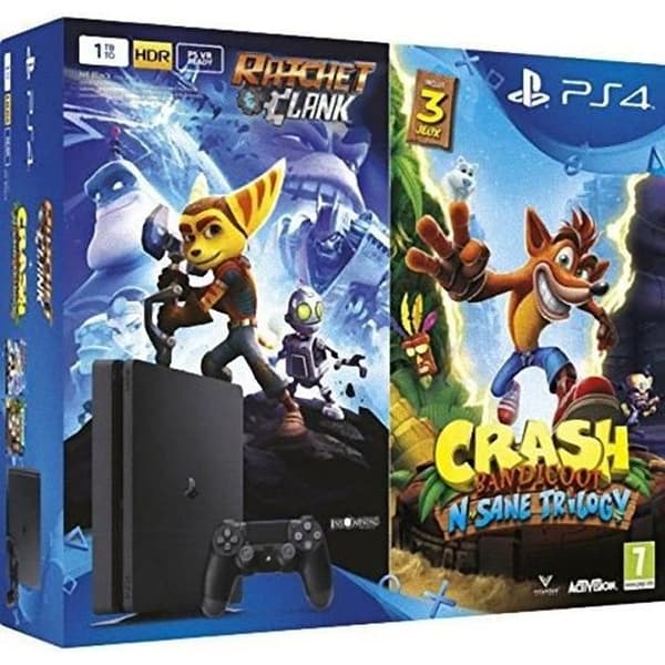 Console Videospel Sony Entertainment PS4 Slim 1TB + Ratchet &amp; Clank + Crash Bandicoot: NSane Trilogy- USED