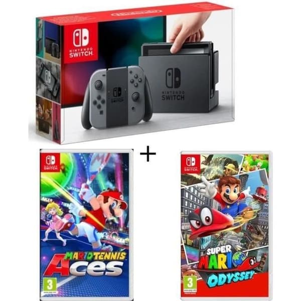 Packa Nintendo Switch Grey + Super Mario Odyssey + Mario Tennis Aces- USED