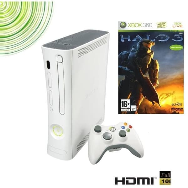 Xbox 360 Arcade Console Pack + Halo 3 - Trådlös kontroller, HDMI och YUV-anslutning - Vit - Pac Man-licens- USED