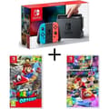 Miniatyrbild 1 av 4: Nintendo Switch-konsol med ett par neon Joy-Con + Super Mario Odyssey + Mario Kart 8 Deluxe- USED
