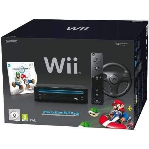 Svart Wii-konsol + Mario Kart + Wii Remote Plus - svart + Svart Wii-ratt- USED