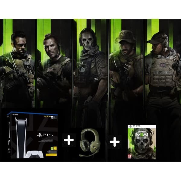 Digital playstation 5-konsol + hörlurar + COD MWII-spel för nedladdning- USED