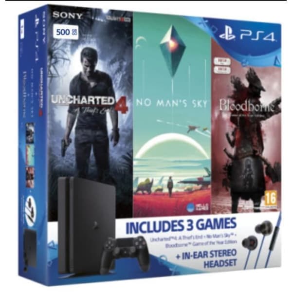 PS4 500 GB-konsol - Sony - Uncharted 4, No man's sky, Bloodborne - Svart- USED