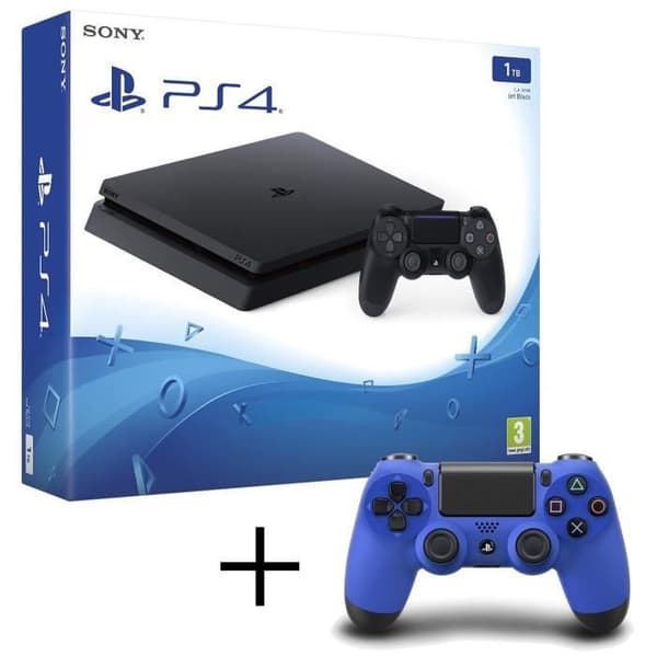 PS4 Slim 1TB-konsol + gratis blå Dualshock 4-kontroller - Sony - Svart- USED