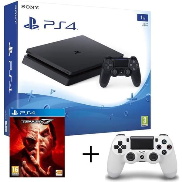 PS4 Slim 1TB-konsol + White Dualshock 4-kontroller + Tekken 7 - Sony - Vit - 1000 GB- USED