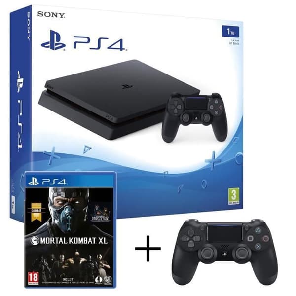 Hemkonsol - Sony - PS4 Slim 1TB - Svart - Mortal Combat XL - 2 kontroller max- USED