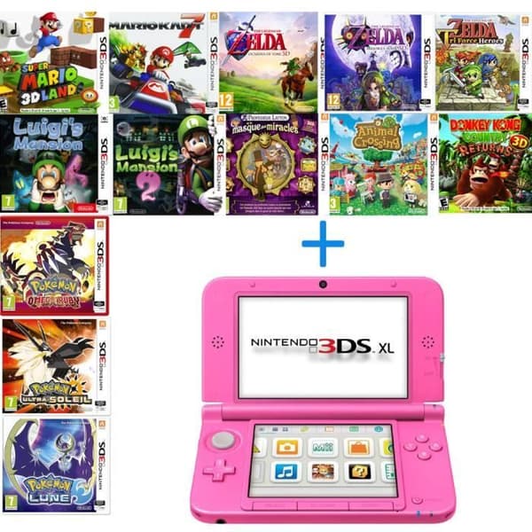 Bärbar konsol - Nintendo - 3DS XL Rosa - Paket - 21 spel erbjuds- USED