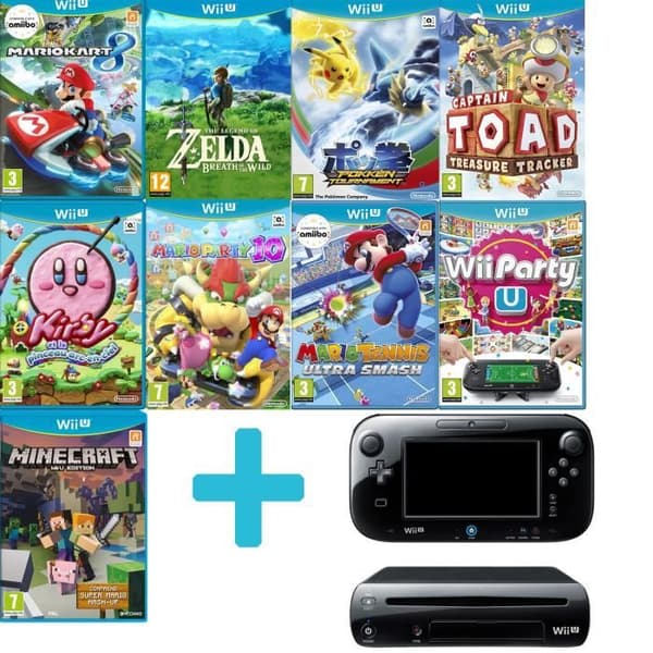 Nintendo Wii U-konsol svart + enormt paket med 9 spel - 2021 års version- USED