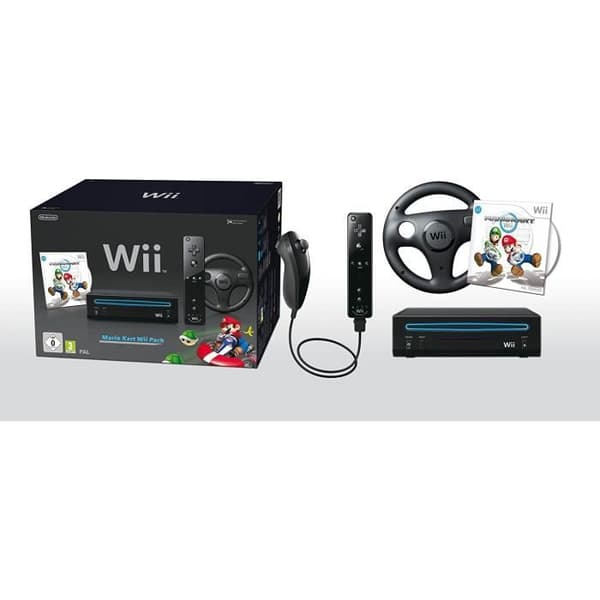 Svart Wii-konsol + Mario Kart + Wii Remote Plus - svart + Svart Wii-ratt- USED