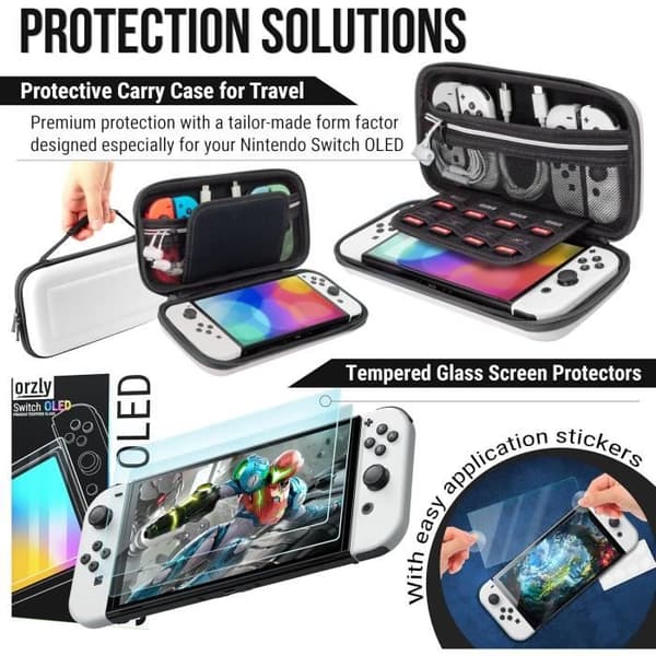 Pack med tillbehör - Orzly - Nintendo Switch OLED - Isvit - Komplett kit - Skärm skydd