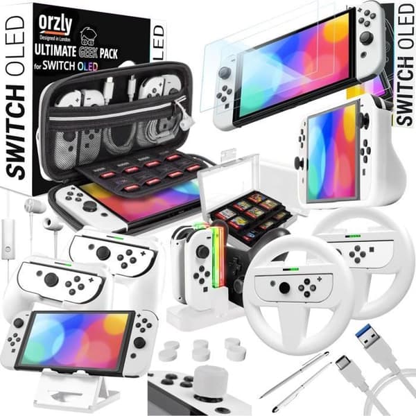 Pack med tillbehör - Orzly - Nintendo Switch OLED - Isvit - Komplett kit - Skärm skydd