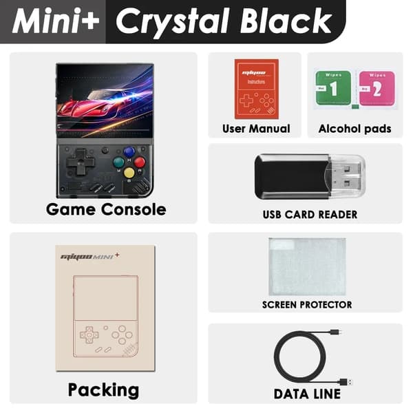 MIYOO Mini Plus Retro Håndholdt Spilkonsol, 3,5-tommer IPS Skærm, Udvidelig Lagerplads op til 128GB,128G, Krystal Sort