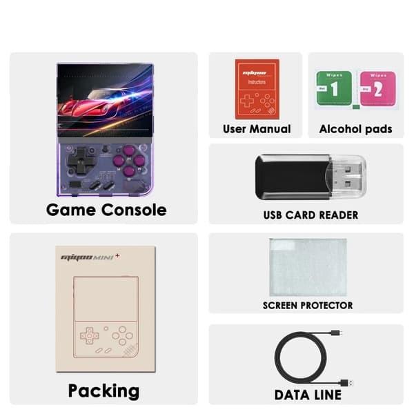MIYOO Mini Plus Retro Handheld Spelkonsol, 3,5-tums IPS-skärm, utbyggbart lagringsutrymme upp till 128GB,Kristall Lila, 128G