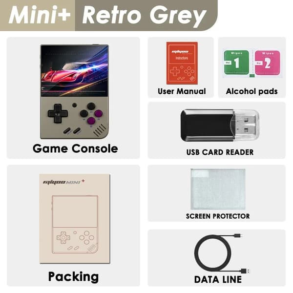 MIYOO Mini Plus Retro Käsikonsoli, 3,5 tuuman IPS-näyttö, laajennettavissa oleva tallennustila jopa 128 Gt,128G, Retro Harmaa