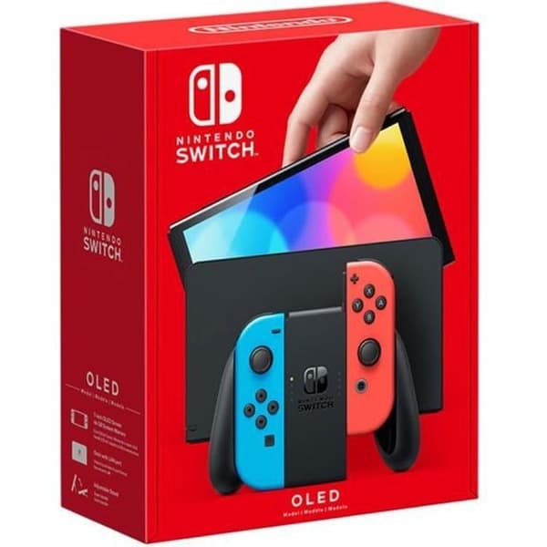 Nintendo Switch-konsol – OLED-modell (neonblå/neonröd) HK-version Original UK-laddare med UK-FR Adapter