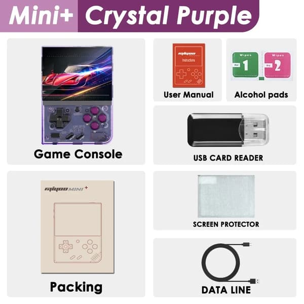 MIYOO Mini Plus Håndholdt Spilkonsol, 3,5 Tommer IPS Skærm, Understøtter Op Til 128GB Lagerplads,Krystal Lilla, 64G