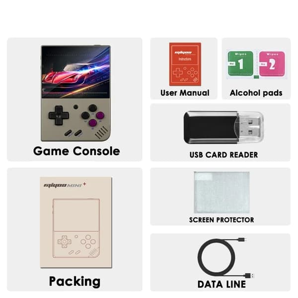 MIYOO Mini Plus Retro Handheld Spelkonsol, 3,5-tums IPS-skärm, utbyggbart lagringsutrymme upp till 128GB,Ingen Kort, Retro Grå