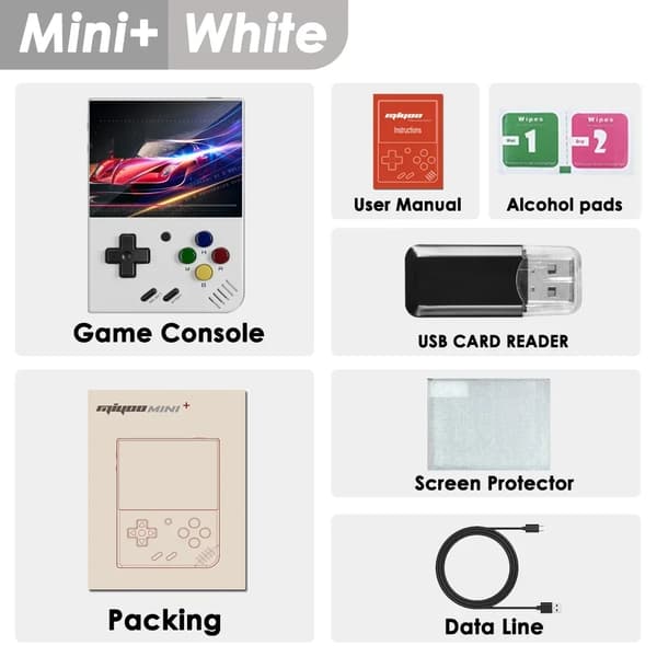 MIYOO Mini Plus Håndholdt Spilkonsol, 3,5 Tommer IPS Skærm, Understøtter Op Til 128GB Lagerplads,Hvid, Ingen kort