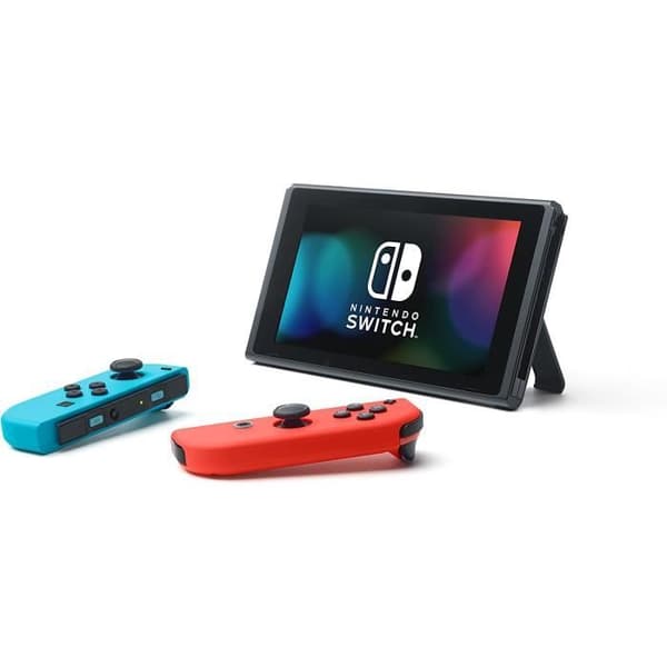 Nintendo Switch-konsol med ett par neonröda och neonblå Joy-Cons, Nintendo Switch-dockningsstation och HD-ljusskärm