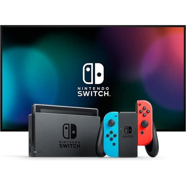 Nintendo Switch-konsol med ett par neonröda och neonblå Joy-Cons, Nintendo Switch-dockningsstation och HD-ljusskärm