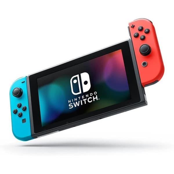 Nintendo Switch-konsol med ett par neonröda och neonblå Joy-Cons, Nintendo Switch-dockningsstation och HD-ljusskärm
