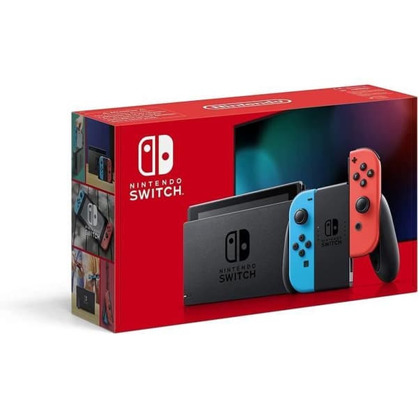 Nintendo Switch-konsol med ett par neonröda och neonblå Joy-Cons, Nintendo Switch-dockningsstation och HD-ljusskärm